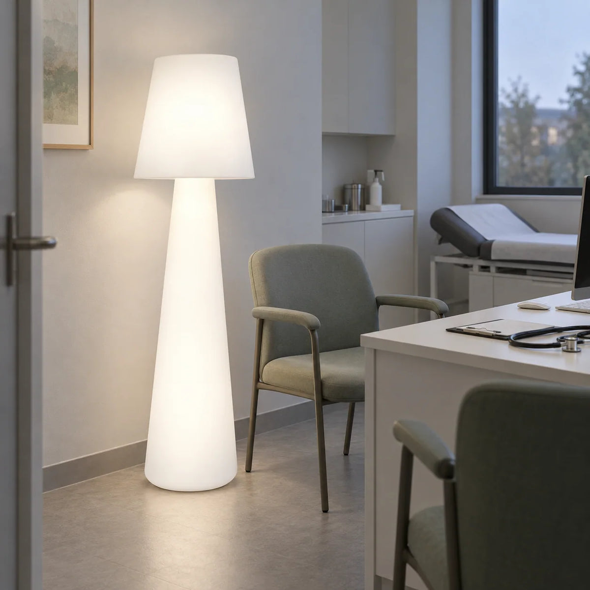 Lampa Grzybek LED świeci w gabinecie lekarskim