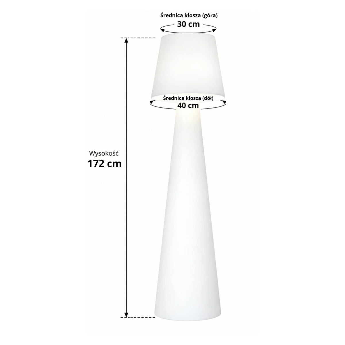 Wymiary lampy Grzybek LED: wysokość 172 cm, średnica klosza 30 cm u góry i 40 cm u dołu