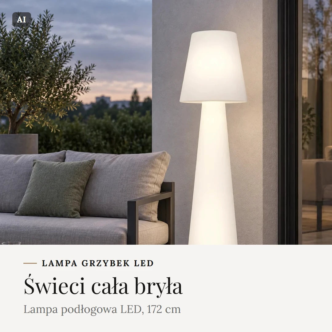 Film: lampa Grzybek LED na tarasie, w ogrodzie, w holu hotelowym i na weselu w plenerze